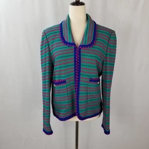 Castleberry Teal Blue Purple Red Striped Knit Sweater Jacket Vintage USA Size 12